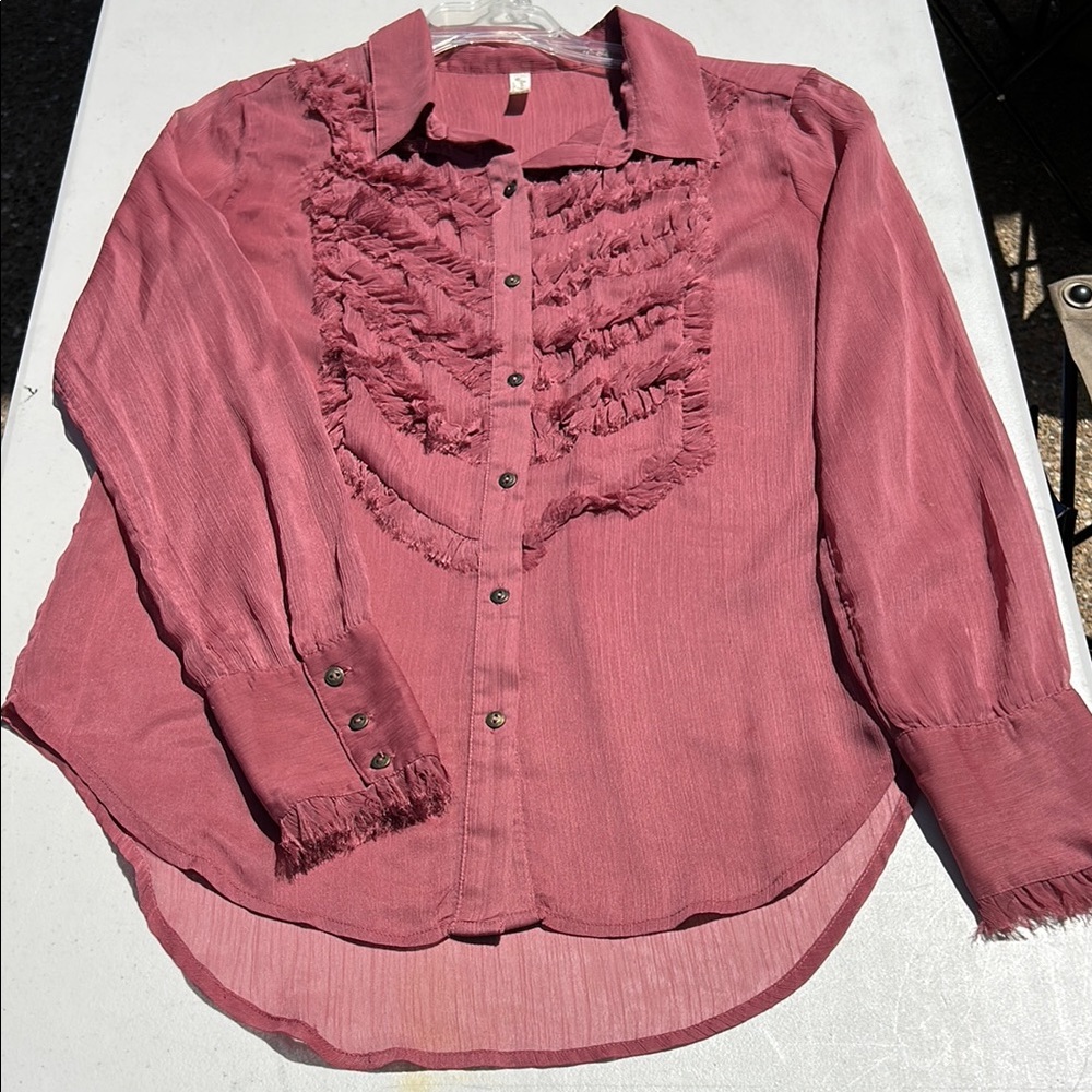 Free People Pink Ruffled Long Sleeve Blouse